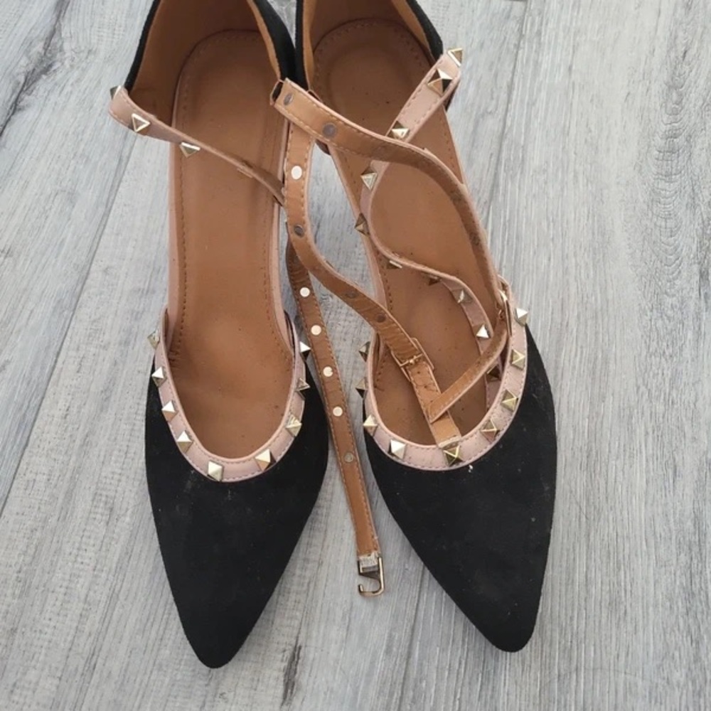 Black Pointed Studded Ankle-Strap Flats